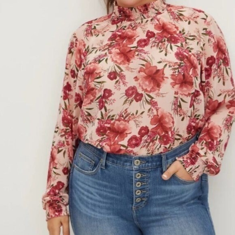 Torrid‎ Womens Plus 2X Floral Smocked Long Sleeve Blouse Sheer Shirt Top